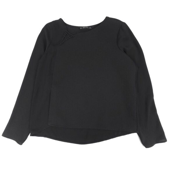 ZARA Textured Crepe Long Sleeve Asymmetric Blouse Flowy Top Minimal Large Black - Picture 1 of 7